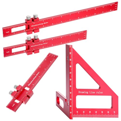 4 Pcs Woodworking Ruler, Metal Precision Pocket Rulers 12, 8, 6 Inch with 3D Multi Angle Measuring Ruler 45/90 Degree for Precision Measuring Marking Inch and Metric