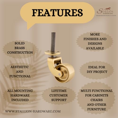 Polish Brass Caster Wheels 1 1/4 Inch Wheel Diameter Heavy-Duty Furniture Casters, Set of 4