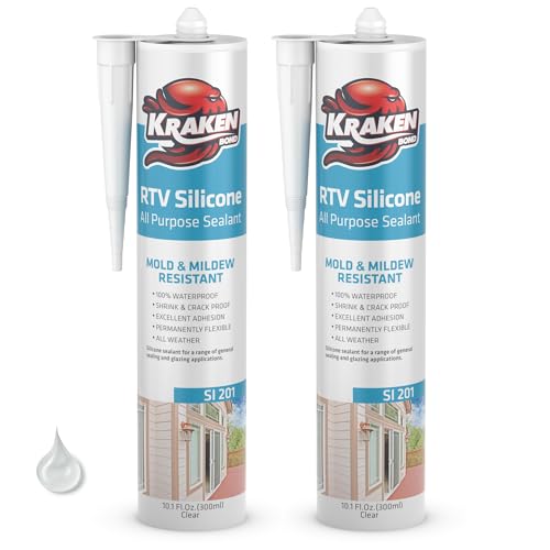 Kraken Bond RTV Silicone Sealant Clear (2 x 10.1 fl.oz.)%100 Waterproof Silicone Caulk Kitchen and Bathroom, All Purpose, Window Caulking Sealant Outdoor, RV, 2 Pack - color: Clear, size: 2 Pack