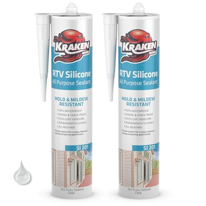 Kraken Bond RTV Silicone Sealant Clear (2 x 10.1 fl.oz.)%100 Waterproof Silicone Caulk Kitchen and Bathroom, All Purpose, Window Caulking Sealant Outdoor, RV, 2 Pack - color: Clear, size: 2 Pack