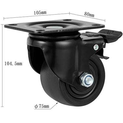 Finnhomy 3 Inch Caster Wheels Set of 4 Heavy Duty Low Profile Plate Swivel Casters with Brake Premium Solid Nylon Wheels 4,400 Lb Anti-wear Lockable Furniture Caster Sturdy for Toolbox Workbench Black - size: 3" (with Brake)