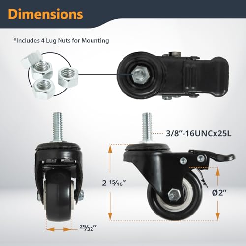 POWERTEC 2 Inch Caster Wheels Set of 4, 3/8"-16 x 1 Stem Casters - 2 Casters W/Dual Locking Break - Heavy Duty 350 lbs, 360° Swivel, PU Castor Wheels for Furniture, Carts, Trolleys, Toolboxes (17220)