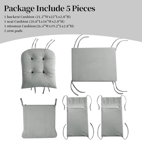 HOMBYS Glider Rocker Replacement Cushions 5 PCS with Storage Side Pocket, Velvet Fabric, Foam & Microfiber Filling, Non-Slip & Washable,Thickened & Supportive for Glider Rocking Chair-Light Grey - color: Light Grey