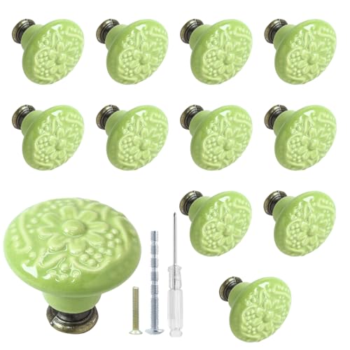 Biaungdo 12 Pcs Grass Green Ceramic Kitchen Cabinet Knobs