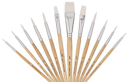 Jerry Q Art 12 PC White Synthetic Hair Round and Flat Paint Brush Set with Short Wood Handle for Acrylic, Watercolor and All Media JQ17931