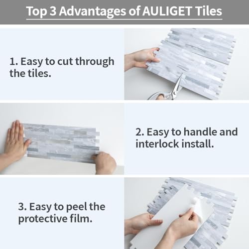 AULIGET 20 Sheets Faux Stone Peel and Stick Backsplash, Light Grey Marble Look PVC Mixed Metal Wall Tiles Stick on Backsplash for Kitchen - color: Light Grey + Metal Silver, size: 20 Sheets, 6"x12"x0.12"