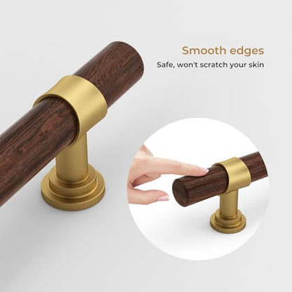 Haliwu 10 Pack 3 inch Hole Center Wood Grain and Gold Cabinet Pulls Gold Kitchen Hardware Handles 2 Tone Barrel Cabinet Drawer Pulls - color: Walnut Wood Grain& Matte Gold, size: 76mm (3 inch) Hole Center Spacing