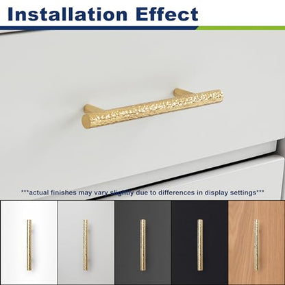 6-Pack Solid Brass Kitchen Cabinet Pulls, Gold Modern T-Bar Handles, 3-Inch Hole Center Hammered Handles for Dresser Drawer Cupboard, 4-13/16 Inch Total Length, Polished Finish - size: 3 Inch(76mm) Hole Centers
