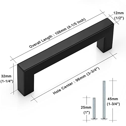 Probrico 5 Pack Matte Black Bar Cabinet Pulls 3 3/4" Hole Centers Stainless Steel Square Dresser Drawer Pulls Handles Bedroom Closet Kitchen Modern Furniture Hardware - color: Black, size: hole center 3-3/4"