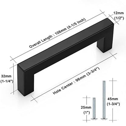 Probrico 5 Pack Matte Black Bar Cabinet Pulls 3 3/4" Hole Centers Stainless Steel Square Dresser Drawer Pulls Handles Bedroom Closet Kitchen Modern Furniture Hardware - color: Black, size: hole center 3-3/4"
