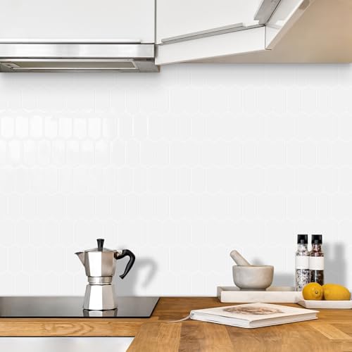 10-Sheet Long Hexagon Peel and Stick Kitchen Backsplash Tiles - color: White