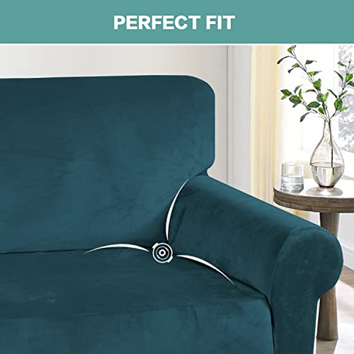 Turquoize Velvet Loveseat Covers Stretch Love Seat Couch Covers for 2 Cushion Couch Velvet Sofa Cover with Non Slip Elastic Bottom Furniture Cover Crafted from Soft Fabric (Loveseat, Deep Teal) - color: Deep Teal, size: Loveseat