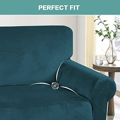 Turquoize Velvet Loveseat Covers Stretch Love Seat Couch Covers for 2 Cushion Couch Velvet Sofa Cover with Non Slip Elastic Bottom Furniture Cover Crafted from Soft Fabric (Loveseat, Deep Teal) - color: Deep Teal, size: Loveseat