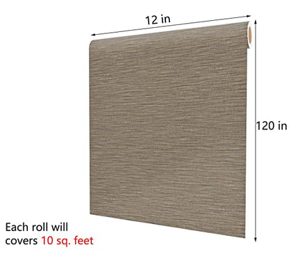 Decotalk Grasscloth Peel and Stick Wallpaper Grass Cloth Fabric Wallpaper for Cabinets Brown Fabric Contact Paper for Cabinets Waterproof Khaki Contact Paper Grasscloth Removable Modern 12"x120" - size: 12" x 120"