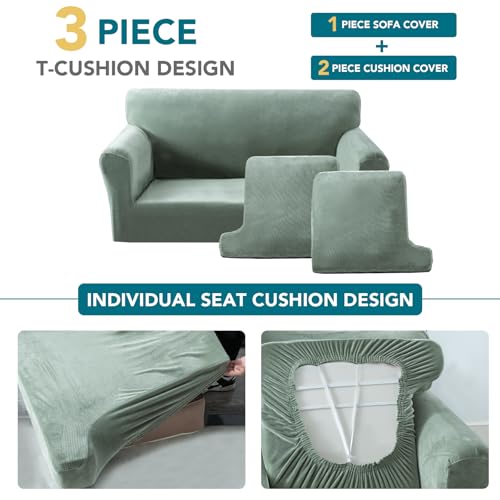 Sofa Cover 3 Piece T Cushion Loveseat Covers for 2 Cushion Couch Thick Velvet Couch Cover Stretch Furniture Covers with 2 Individual T Cushion Covers, Washable (2 Cushion Loveseat, Sea Grass) - color: Sea Grass, size: Loveseat (2 Cushion)