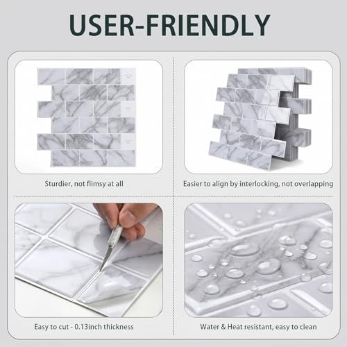 Arttown Peel and Stick 3D Wall Backsplash 10-Sheet, 12" × 12" Marble White - color: White Marble, size: 10PC 12"x12"
