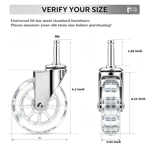 4" Swivel Caster Wheels, M8×38mm, Crystal Clear, Set of 4 - size: 4",No Brake