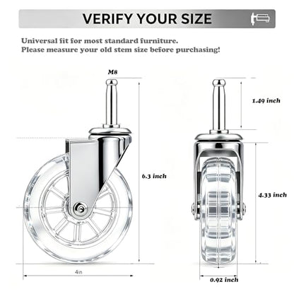 4" Swivel Caster Wheels, M8×38mm, Crystal Clear, Set of 4 - size: 4",No Brake