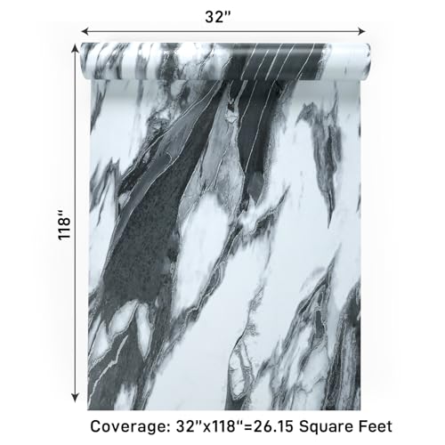 VaryPaper 32" x 118" Wide Black and White Marble Contact Paper for Countertops Waterproof Kitchen Wallpaper Peel and Stick Table Top Removable Self Adhesive Marble Vinyl Wrap for Cabinets Desk Counter - size: 32" x 118"