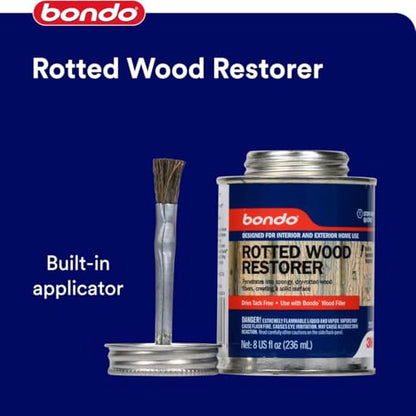 Bondo Rotted Wood Restorer, 8 fl oz., Penetrates into Spongy, Dry-rotted Wood Fibers Creating a Solid Surface, Dries clear and tack free, Water Resistant, Stainable and paintable (20131)