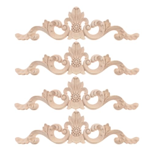 4Pcs Wood Carved Appliques Long Flower Carving Wooden Onlays 9.84"x2.76" - color: 4Pcs, size: 25x7 cm/9.84"x2.76"