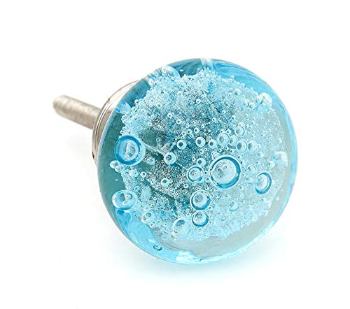 Aqua Blue Bubbles Glass (Nickel) Decorative Dresser Drawer, Kitchen Cabinet or Door Knob Pull - Pack of 6