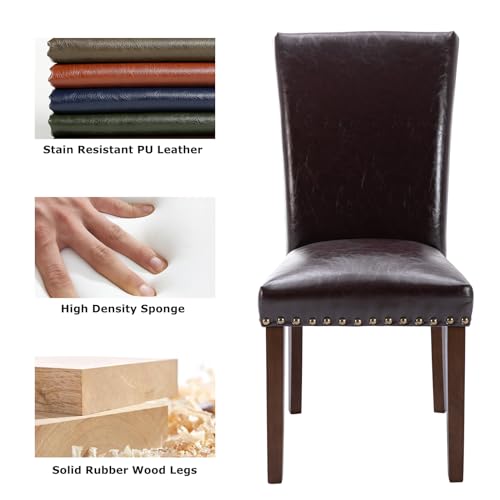 COLAMY Upholstered Parsons Dining Chairs Set of 6, PU Leather Dining Room Kitchen Side Chair with Nailhead Trim and Wood Legs - Dark Brown - color: L-darkbrown, size: Set of 6