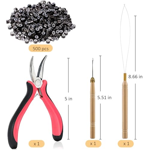 Hair Extension Tools Kit,500 Ring Beads,Pliers,Threader,Crochet Hook - color: Threader