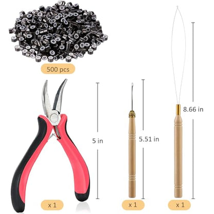 Hair Extension Tools Kit,500 Ring Beads,Pliers,Threader,Crochet Hook - color: Threader