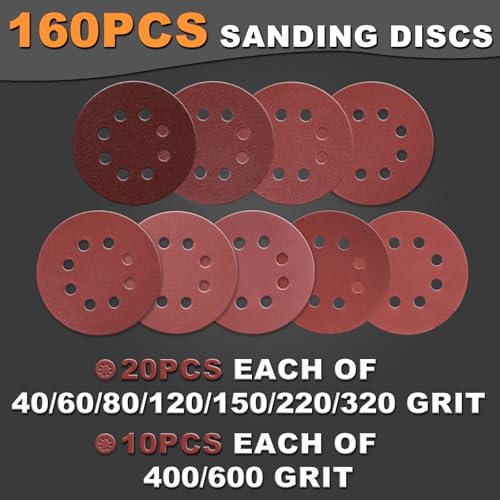160Pcs 5-Inch 8-Hole Hook & Loop 40-600 Assorted Grit Sanding Discs