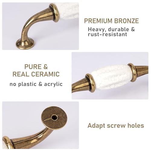 Retro Ceramics Cabinet Handles, French Style 2 Pcs White Ceramic Zinc Alloy Pulls with Screws for Cupboards Wardrobe Drawer Dresser, 3.77" Inch Center to Center Spacing