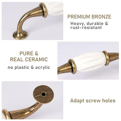Retro Ceramics Cabinet Handles, French Style 2 Pcs White Ceramic Zinc Alloy Pulls with Screws for Cupboards Wardrobe Drawer Dresser, 3.77" Inch Center to Center Spacing