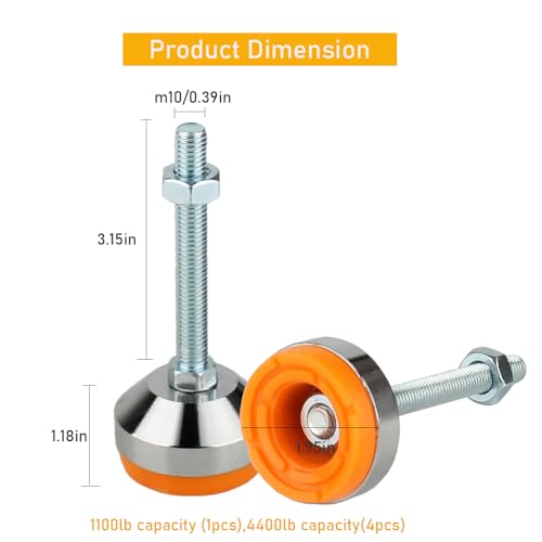 Heavy Duty Leveling feet, 1.95" Dia Base,M10 Thread,1100 lb Capacity,4Pcs - size: D1.95in x M10 x H3.15in