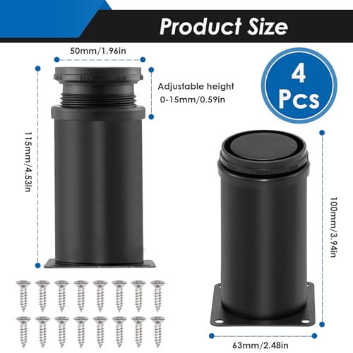 4-Pack 4 Inch Furniture Legs, Stainless Steel Adjustable Round Cabinet Legs with 16Pcs Screw for Cabinet Sofa Shelves Table DIY Furniture(Black 50x100mm) - color: Black, size: 4 Inch