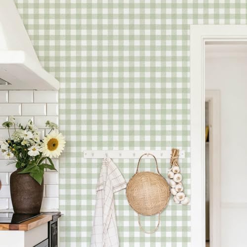 Peel and Stick Wallpaper for Bedroom Green & White Plaid 78.7"×17.3" - color: Green and White, size: 17.3" x 78.7"