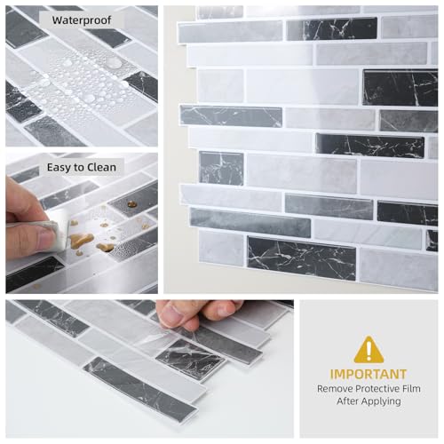 Vieshful Marble Peel and Stick Backsplash, 12 x 12 in, 10 Sheets - color: Black Grey Marble Mix, size: 10 Sheets