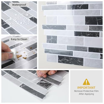 Vieshful Marble Peel and Stick Backsplash, 12 x 12 in, 20 Sheets - color: Black Grey Marble Mix, size: 20 Sheets