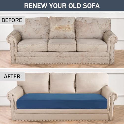 Stretch Cushion Cover, Soft Velvet Plush Cushion Slipcovers Loveseat Sofa Covers Couch Seat Covers Furniture Protector with Elastic Bottom (Large, Blue) - color: Blue, size: Large