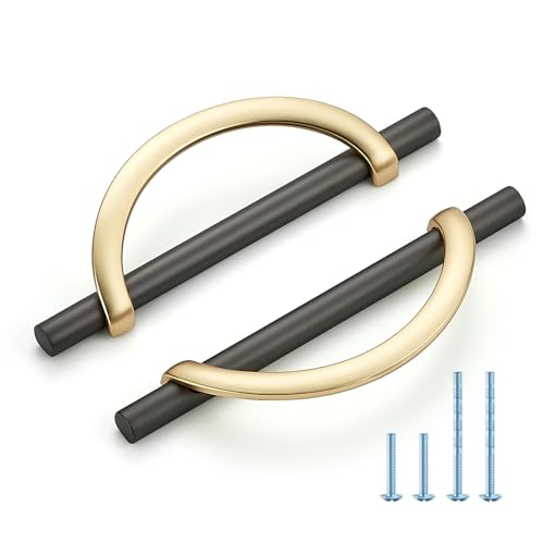 HOME EDIT Brushed Gold & Grey Cabinet Pulls Curved, 5 Inch/128 mm, 10 Pack - color: Brushed Brass & Pearl Grey, size: 5 Inch Hole Center