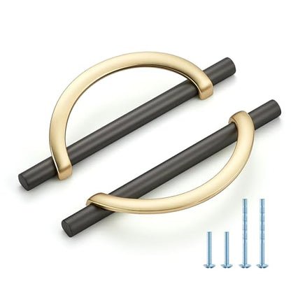 HOME EDIT Brushed Gold & Grey Cabinet Pulls Curved, 5 Inch/128 mm, 10 Pack - color: Brushed Brass & Pearl Grey, size: 5 Inch Hole Center