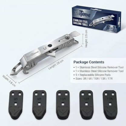 6-in-1 Caulking Tool Kit for Removing Old Caulk and Smoothing New Sealant, Stainless Steel Caulk Remover with 5 Silicone Pads for Bathroom, Kitchen, Window, Sink and Tile - color: ‎silver