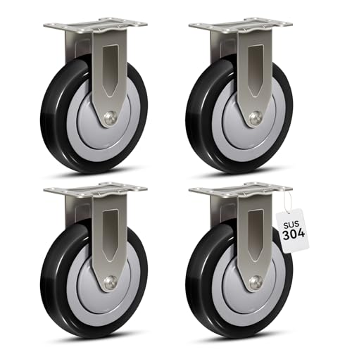 5" Stainless Steel Casters Set of 4 Heavy Duty, Swivel Industrial Caster Wheels, Anti-Corrosion Rust-Proof Plate Polyurethane Casters for Hospitals Food Labs (4 Rigid) - style: 4 Rigid