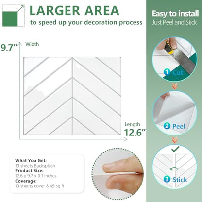 STICKGOO Herringbone Peel and Stick Backsplash, White/Grey Grout, 10 Sheets - color: White With Grey Grout, size: Pack of 10