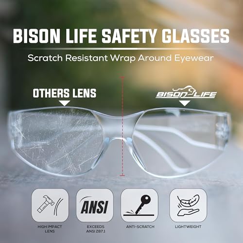 BISON LIFE Clear Safety Glasses for Men & Women, ANSI Z87.1 Certified, 6 Pk - color: Clear/Clear