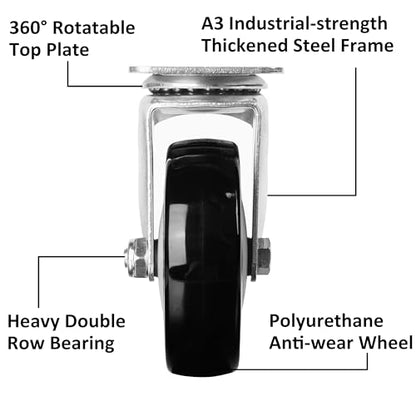 Finnhomy 4” Inch Swivel Casters Wheels Set of 4 Plate Casters Heavy Duty Premium Polyurethane PU Wheels for Furniture/Workbench Load Bearing 2,600 Lbs Anti-wear Smooth Casters Black (Free Screws) - style: 4" (No Brake)