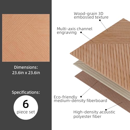 6 Pack Acoustic Wall Panels 23.6" Self-Adhesive Wood Grain Sound Panels - color: Triangle Log Light