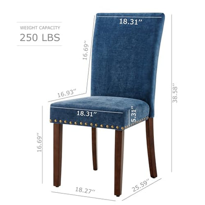 COLAMY Upholstered Parsons Dining Chairs Set of 2, Fabric Dining Room Kitchen Side Chair with Nailhead Trim and Wood Legs - Dark Blue - color: F-darkblue, size: Set of 2