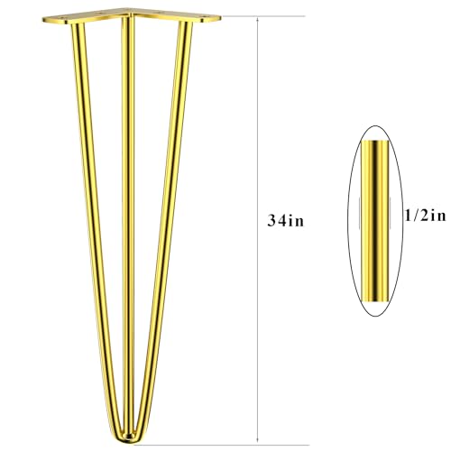 Osring 34 Inch Furniture Hairpin Legs Gold,1/2" Dia 3-Rods Metal Table Feet - color: Gold, size: 34 Inch