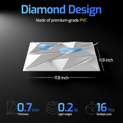 3D Wall Panels White 16 Pack, 12" x 12" - color: White Diamond