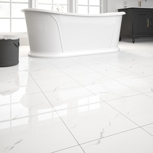 20-Pack Peel and Stick Floor Tiles Vinyl Floor 12 x 12 inch Self Adhesive Waterproof Glossy Flooring Planks DIY for Bathroom, Kitchen, Living Room, RV, Cover 20 Sq. Ft, Polish White Marble - color: Polish White Marble